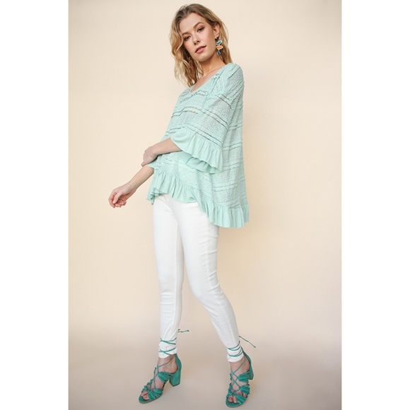 Umgee Dusty Mint Crochet Bell Sleeve Ruffle Top - Picture 1 of 9